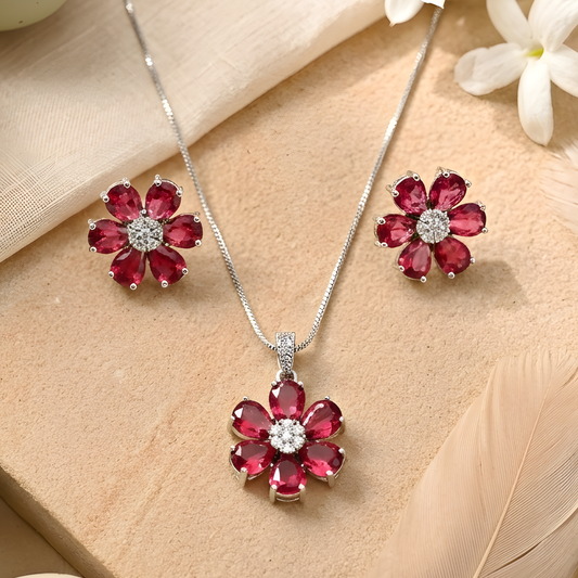 Pink Tourmaline Flower Pendant Necklace Set