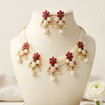 Floral Pearl Necklace Set With Earrings