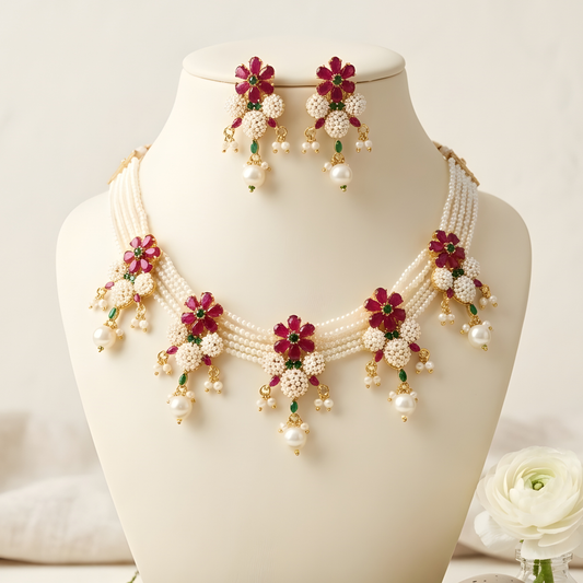 Floral Pearl Necklace Set With Earrings