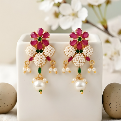 Floral Pearl Necklace Set With Earrings
