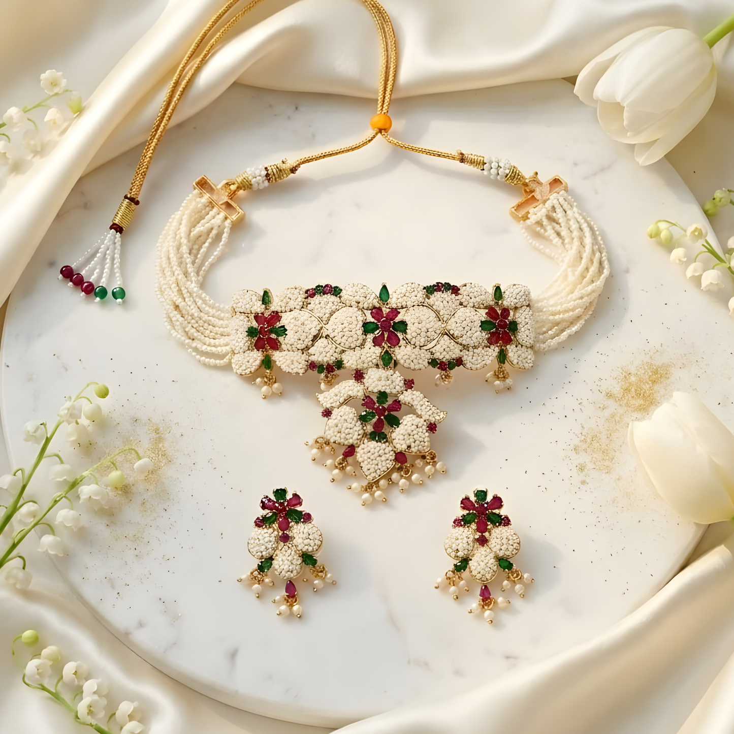 Traditional Pearl Choker Necklace Set