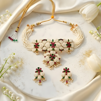 Traditional Pearl Choker Necklace Set