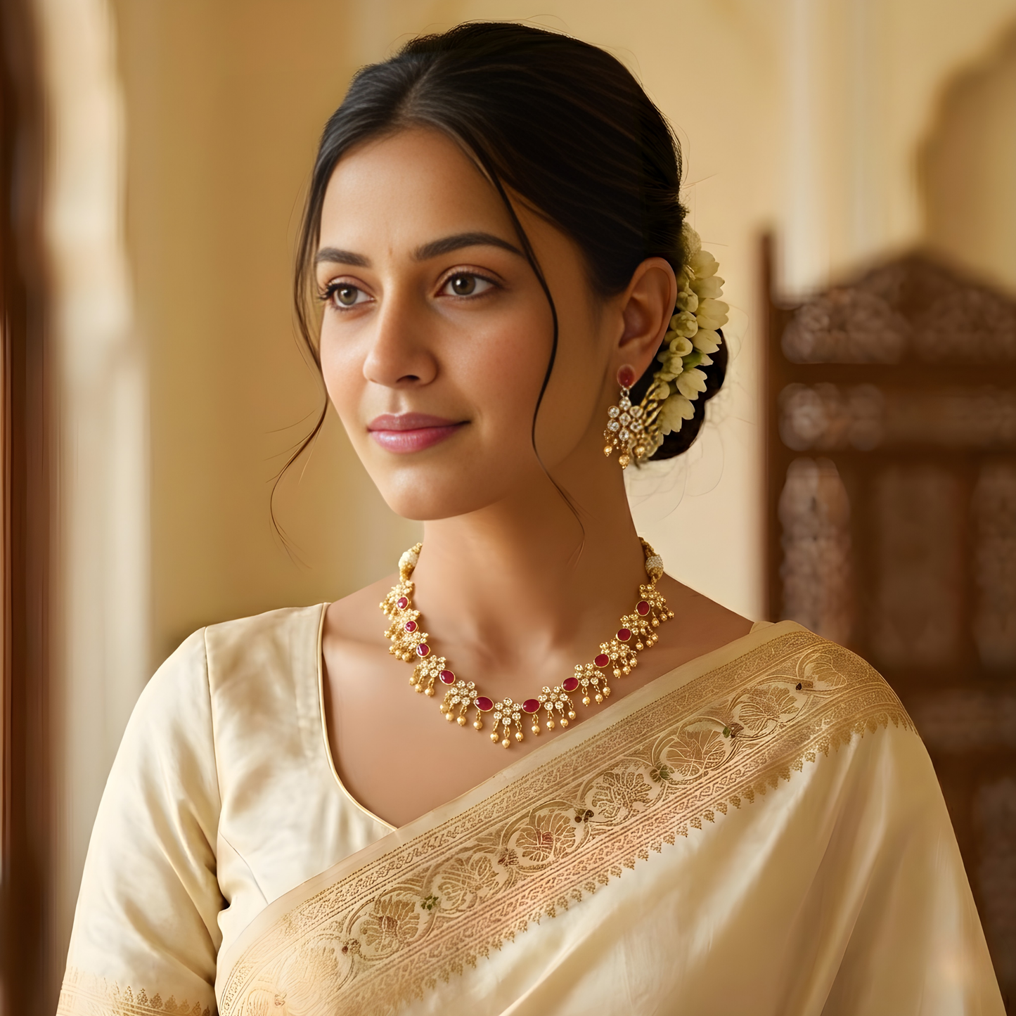 Gold Plated Kundan Necklace Set with Earrings