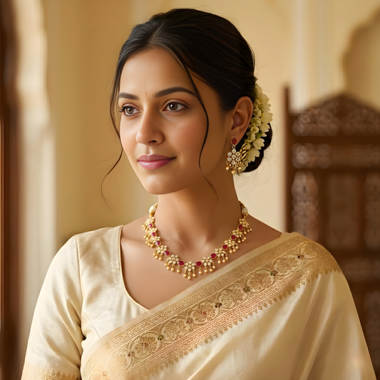Gold Plated Kundan Necklace Set with Earrings