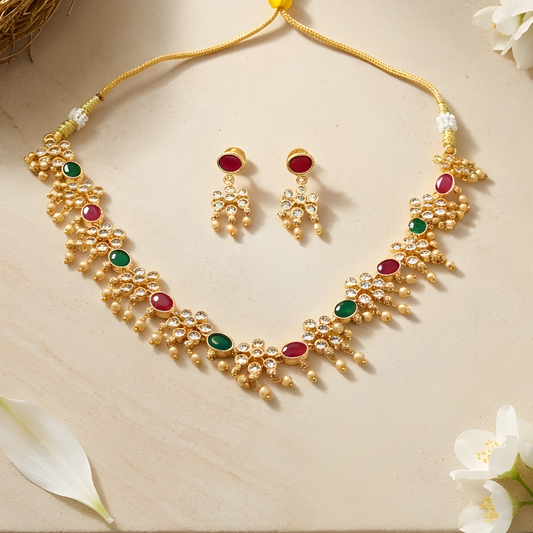 Gold Plated Kundan Necklace Set with Earrings