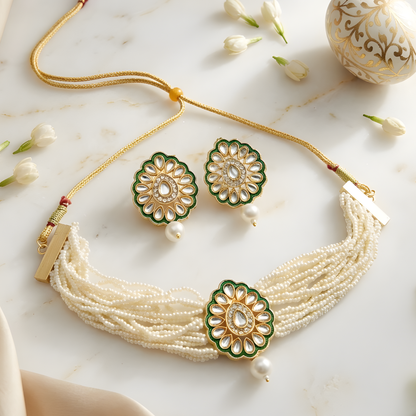 Kundan Pearl Choker Necklace Set