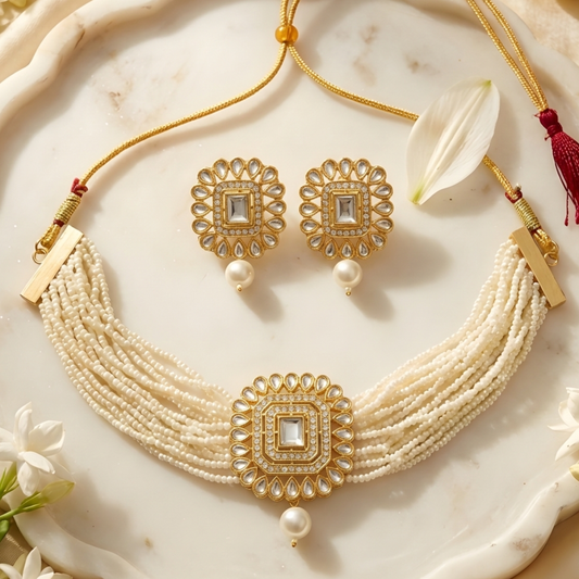 Kundan Polki Pearl Multi-Strand Choker Necklace Set