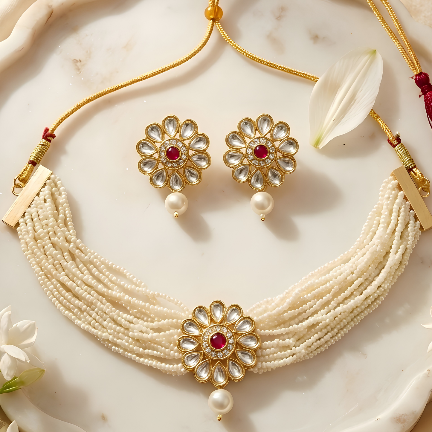 Pearl Kundan Flower Choker Necklace Set