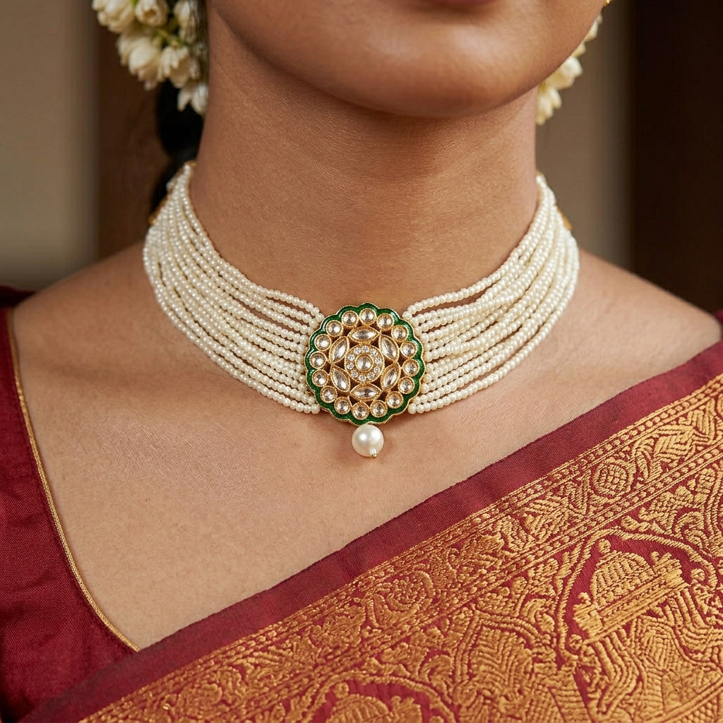 Kundan Pearl Choker Necklace Set