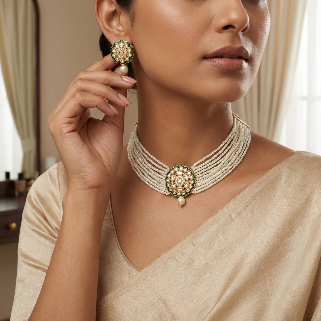 Kundan Pearl Choker Necklace Set