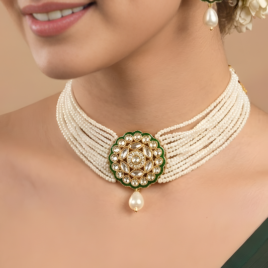 Kundan Pearl Choker Necklace Set