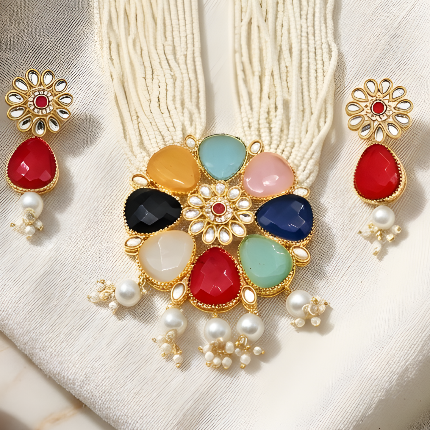 Navratna-Style Multi-Stone Necklace Set