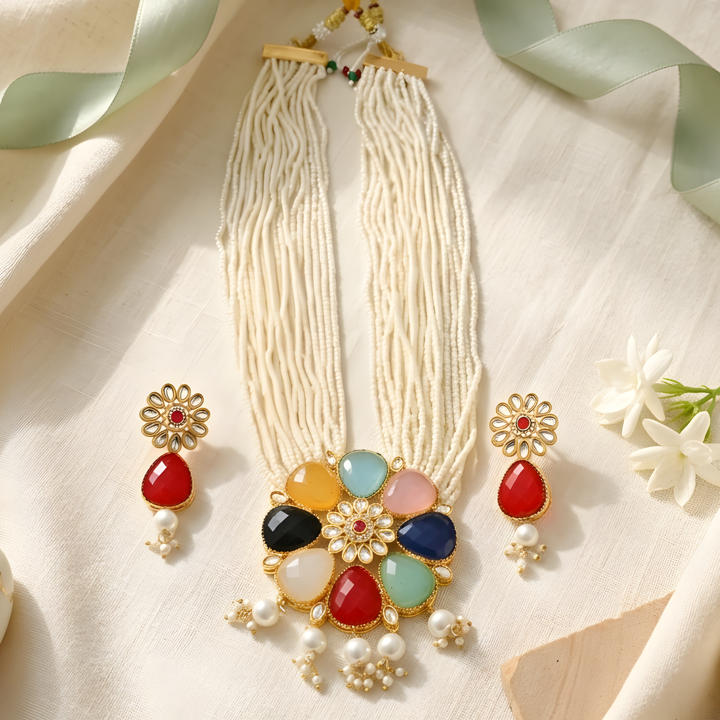 Navratna-Style Multi-Stone Necklace Set