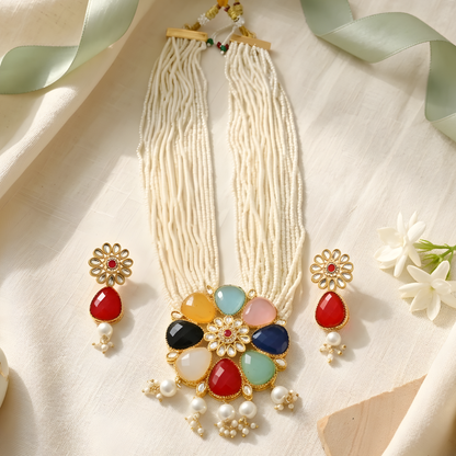 Navratna-Style Multi-Stone Necklace Set