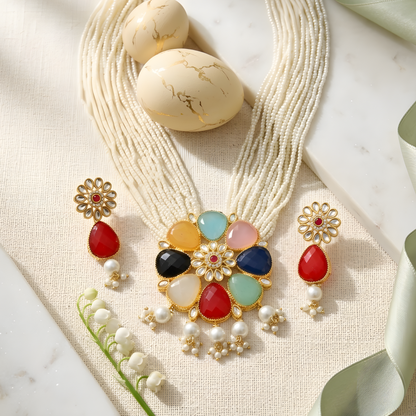 Navratna-Style Multi-Stone Necklace Set