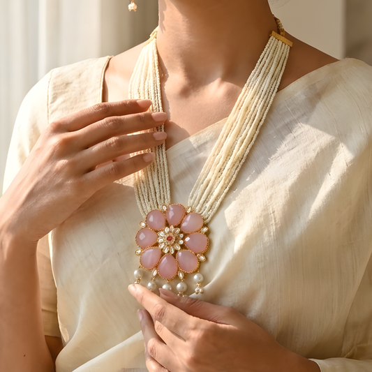 Navratna-Style Rose Quartz Necklace Set