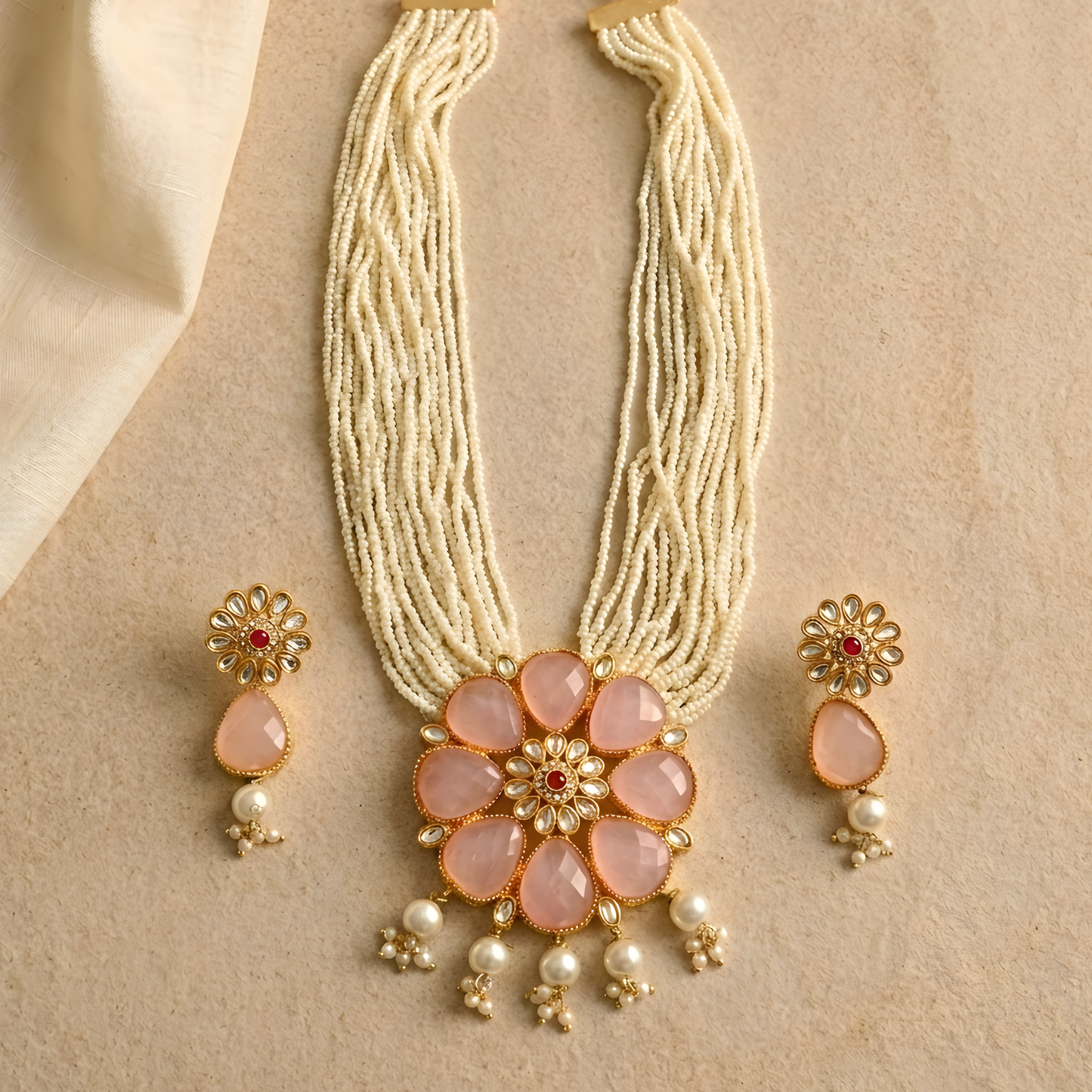 Navratna-Style Rose Quartz Necklace Set