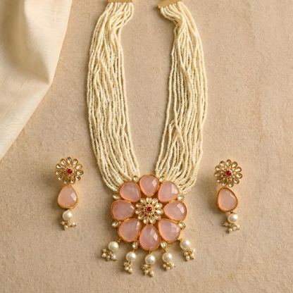 Navratna-Style Rose Quartz Necklace Set