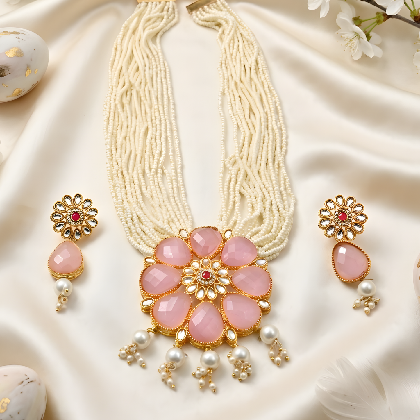 Navratna-Style Rose Quartz Necklace Set