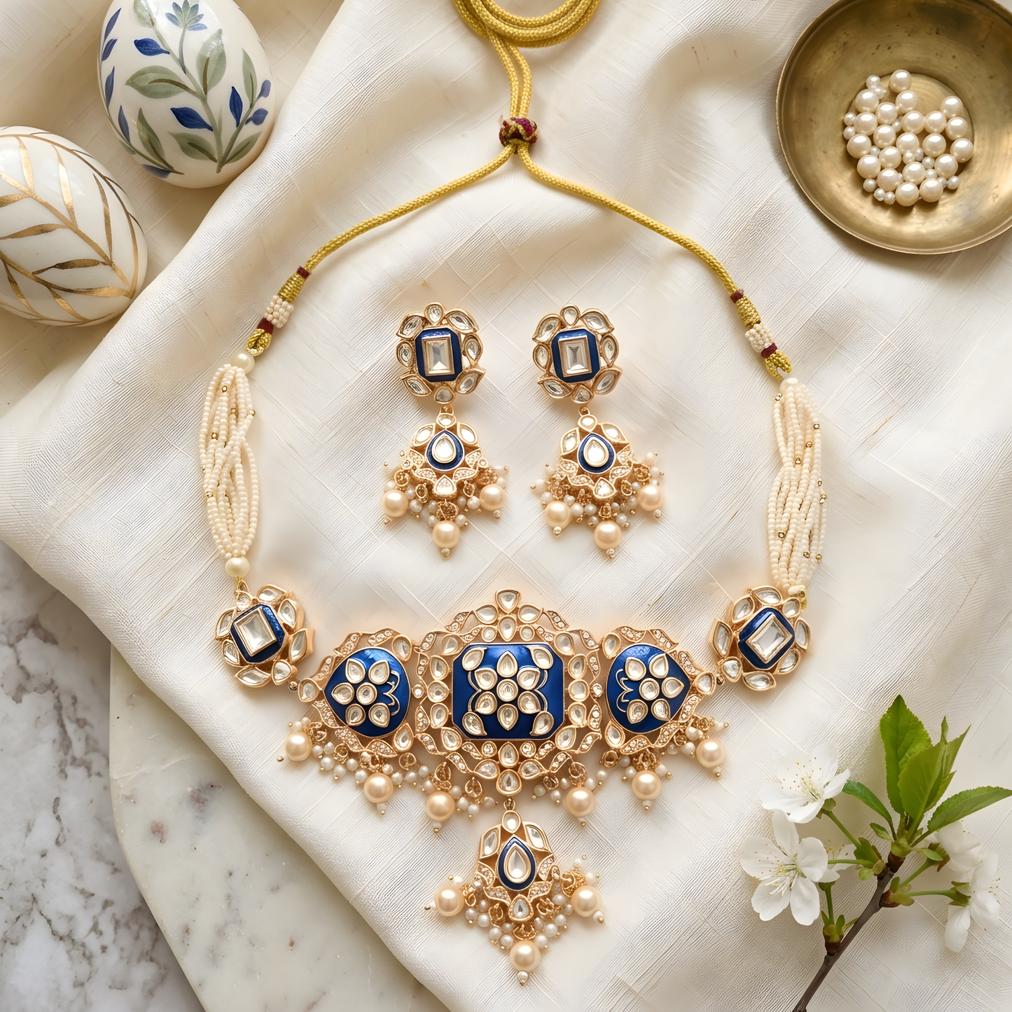 Blue Meenakri Kundan Choker Necklace Set