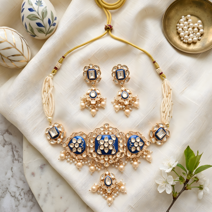 Blue Meenakri Kundan Choker Necklace Set
