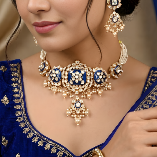 Blue Meenakri Kundan Choker Necklace Set