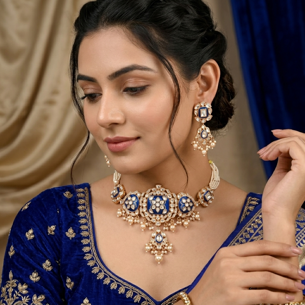 Blue Meenakri Kundan Choker Necklace Set