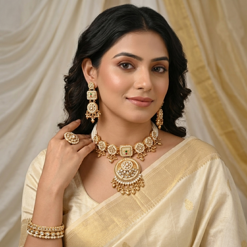 Traditional Kundan Pearl Choker Necklace Set