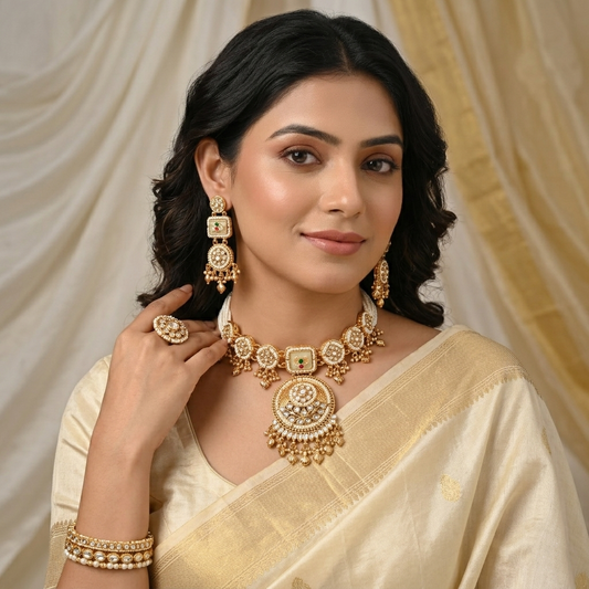 Traditional Kundan Pearl Choker Necklace Set