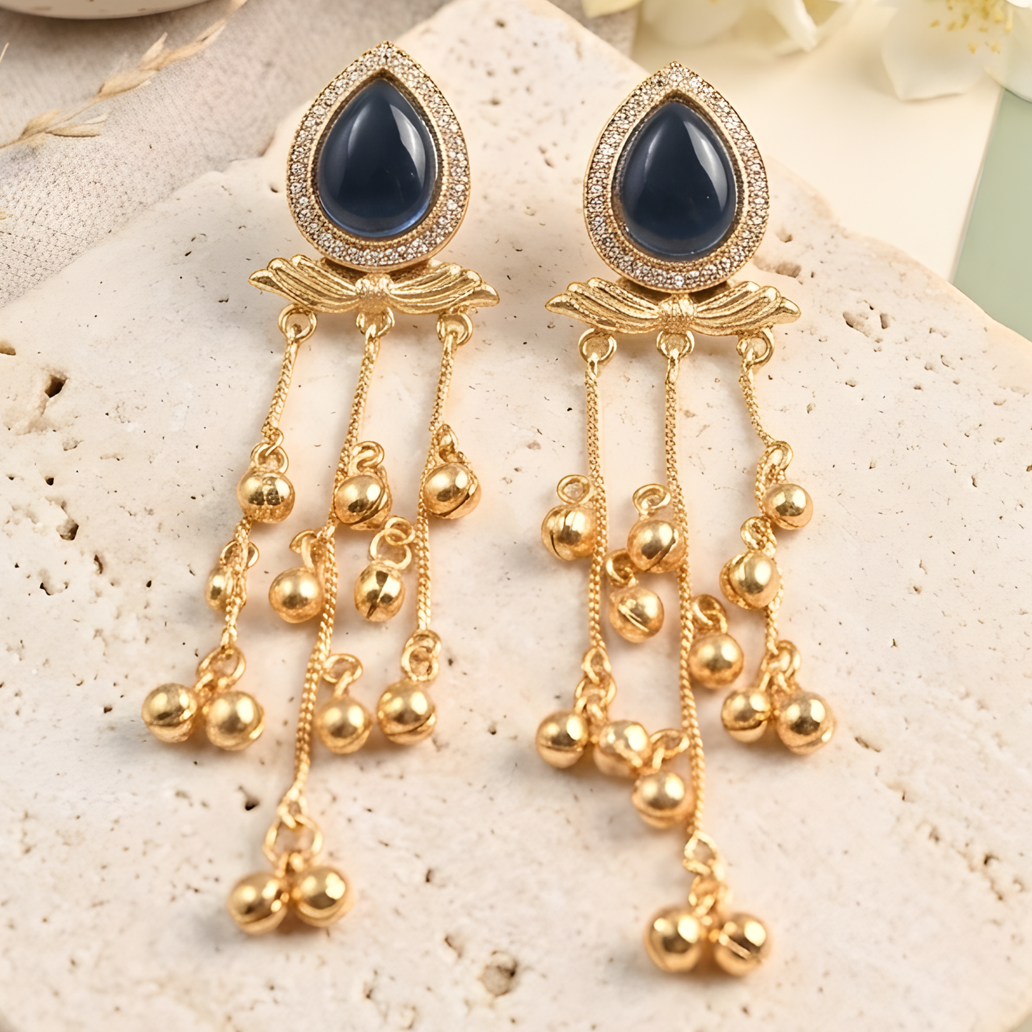 Gold Plated Long Tassel Ghungroo Earrings