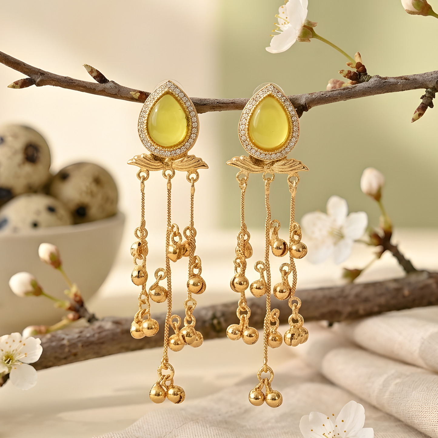 Gold Plated Long Tassel Ghungroo Earrings