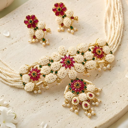 Floral Pearl Choker Necklace With Earrings