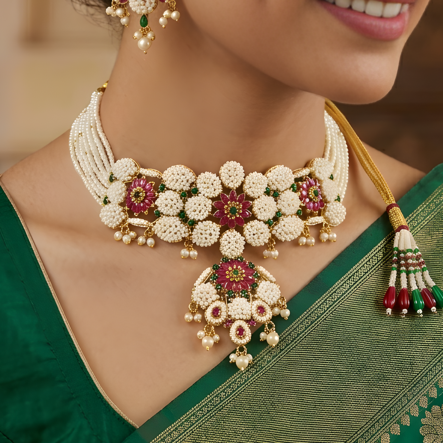 Floral Pearl Choker Necklace With Earrings