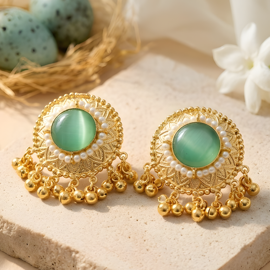 Gemstone Pearl Halo Studs With Ghungroo Drops