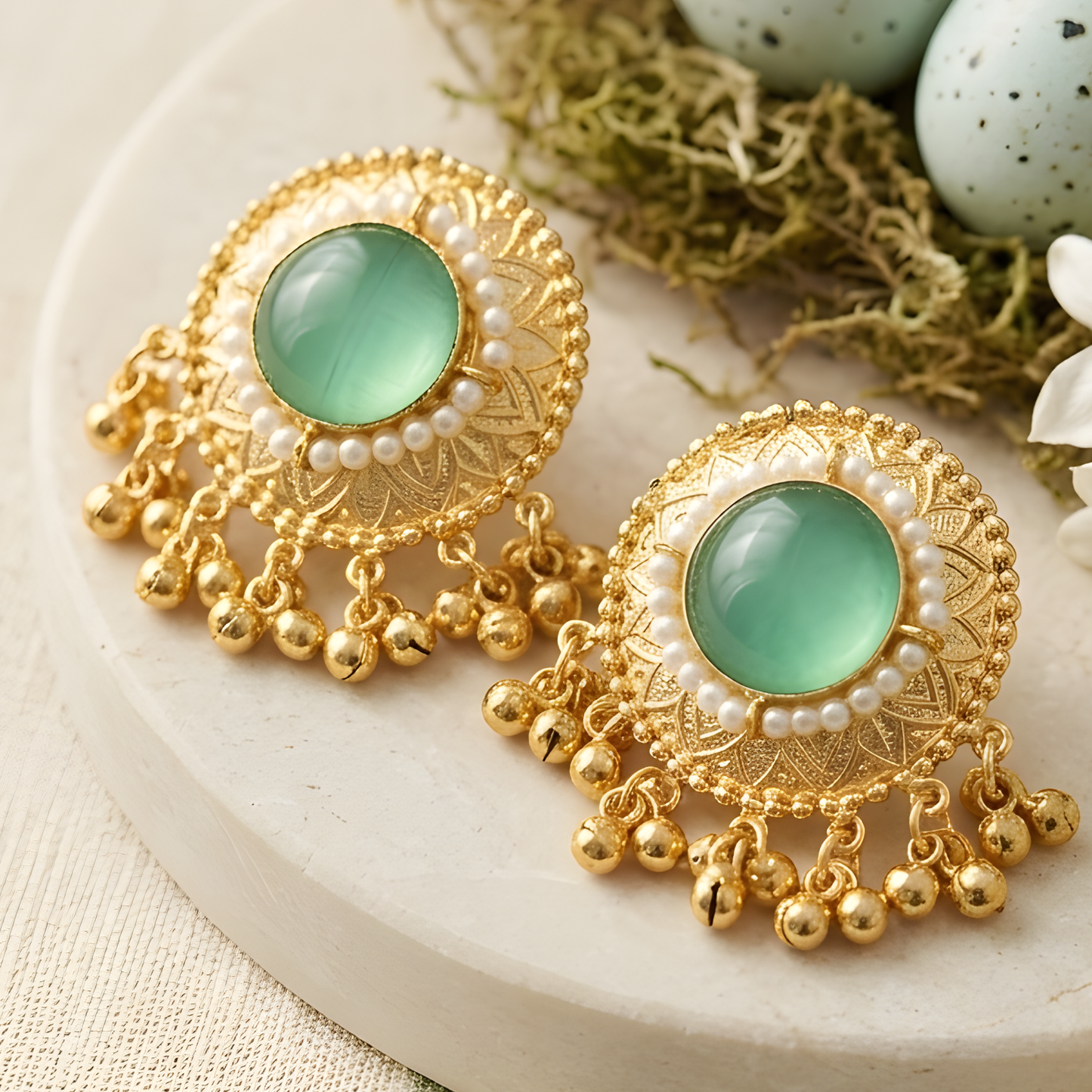Gemstone Pearl Halo Studs With Ghungroo Drops