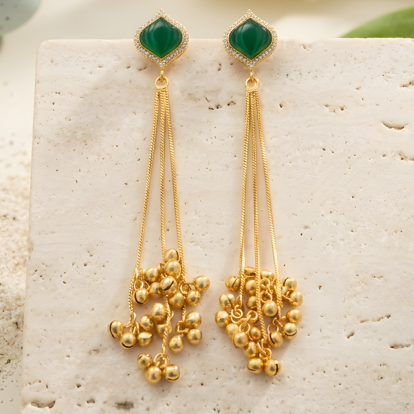 Gemstone Tassel Earrings With Ghungroo