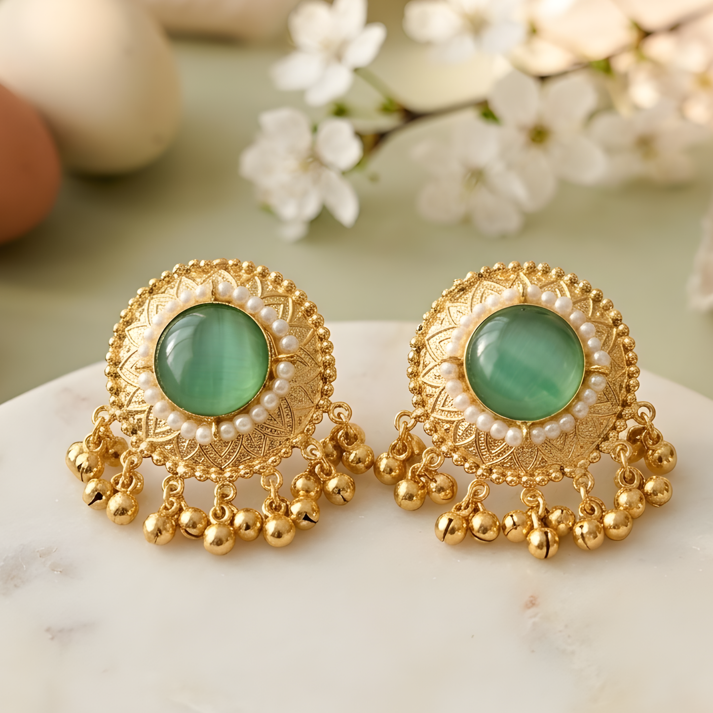 Gemstone Pearl Halo Studs With Ghungroo Drops