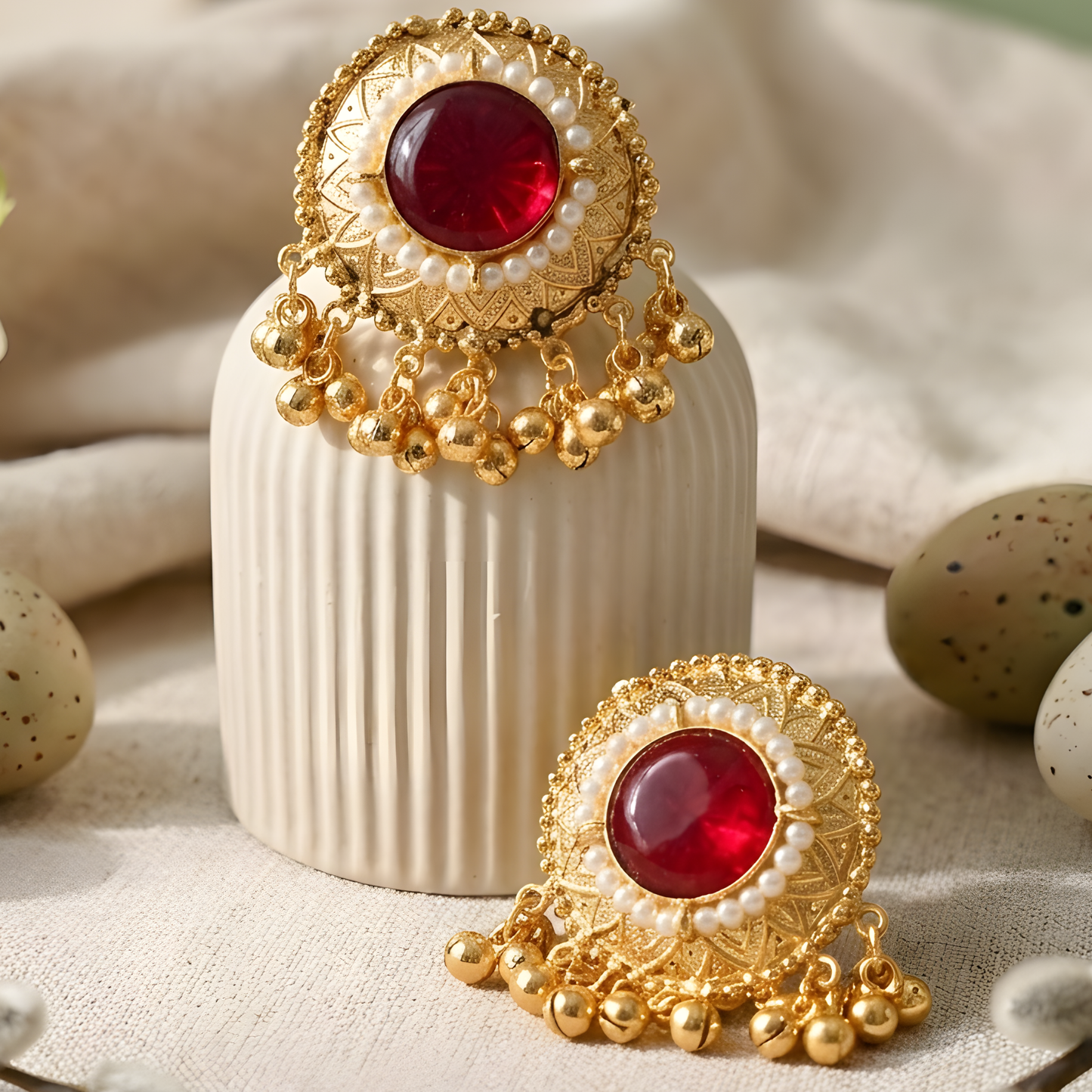 Gemstone Pearl Halo Studs With Ghungroo Drops