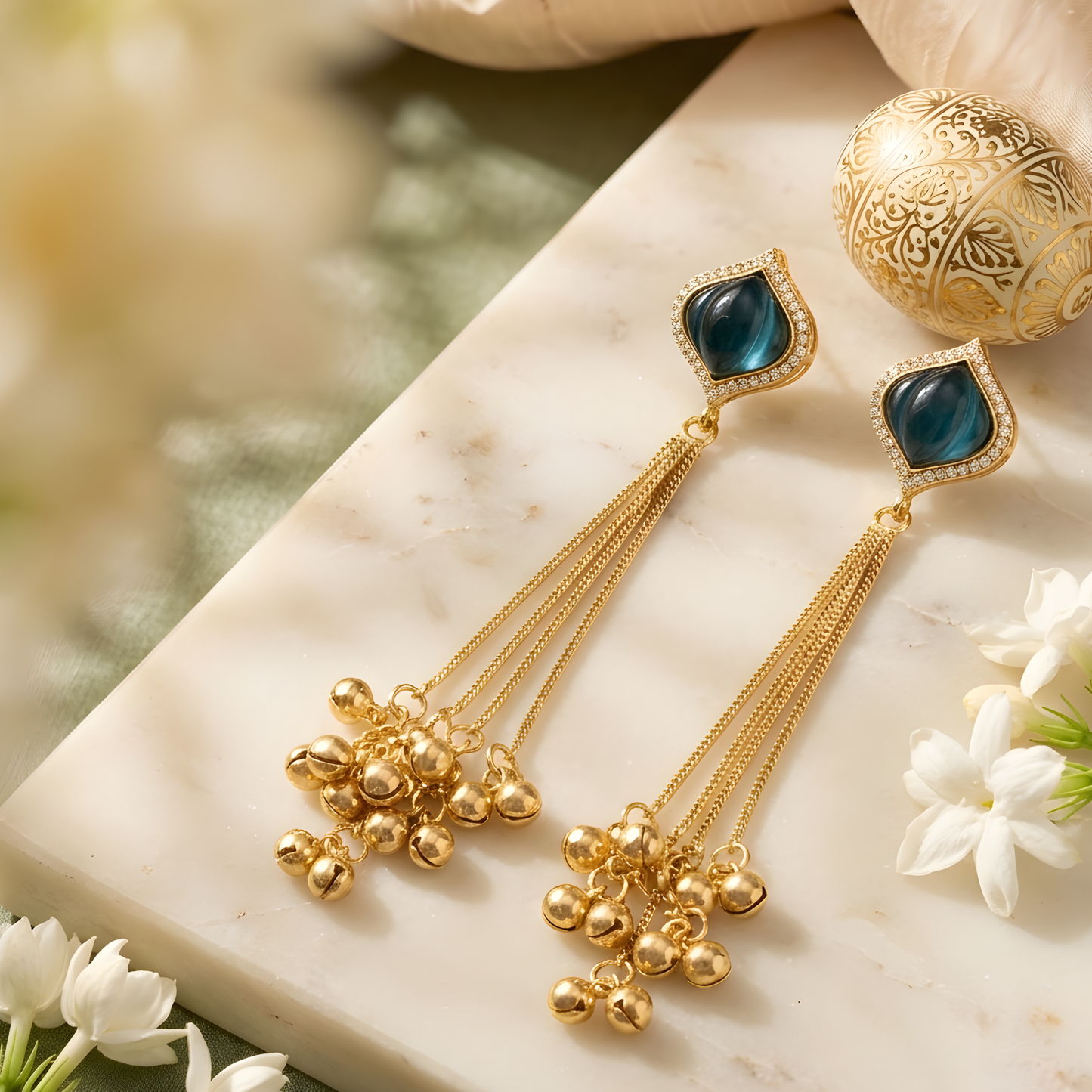 Gemstone Tassel Earrings With Ghungroo