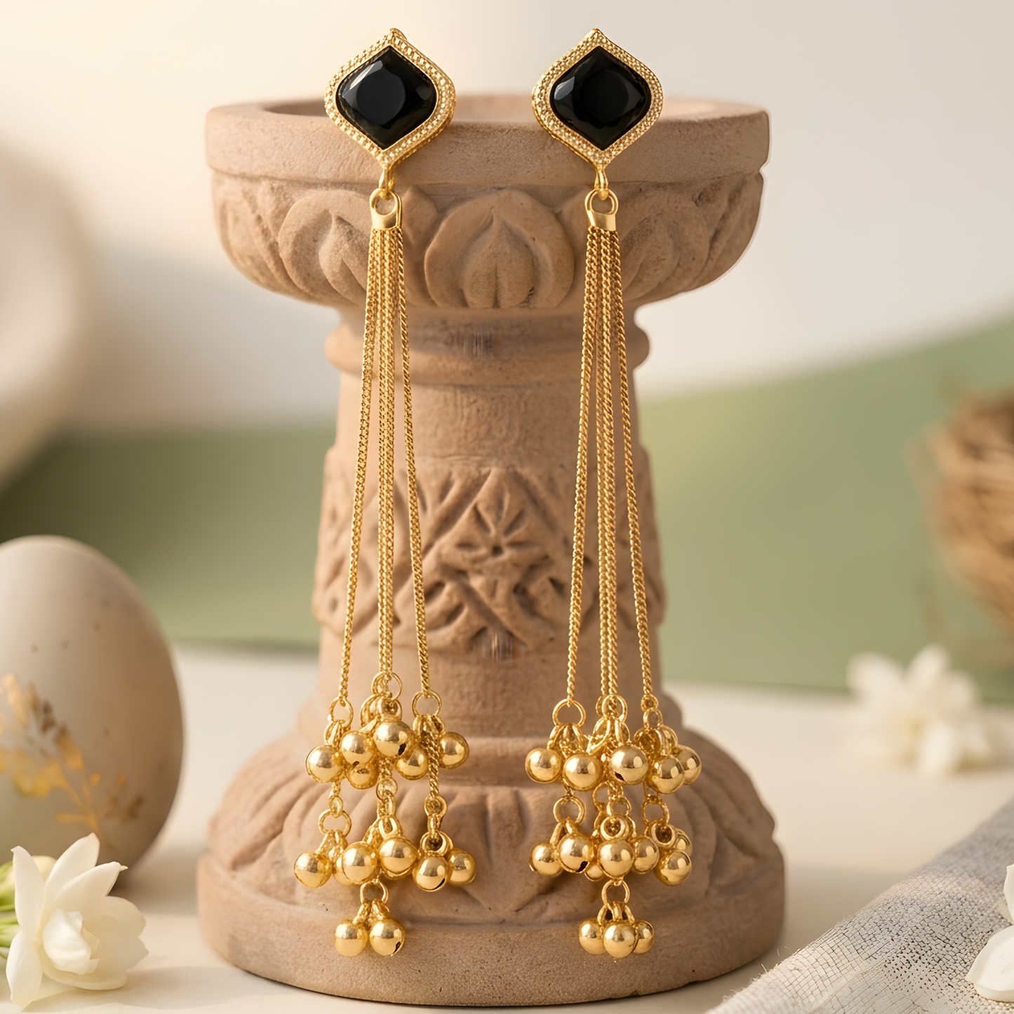 Gemstone Tassel Earrings With Ghungroo