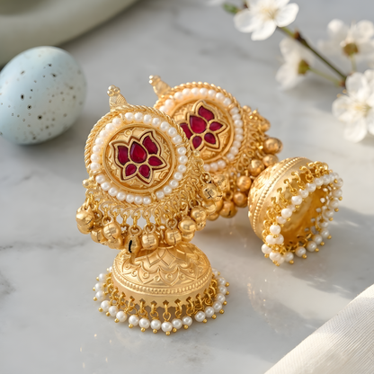 Enamel Lotus Statement Jhumka Earrings