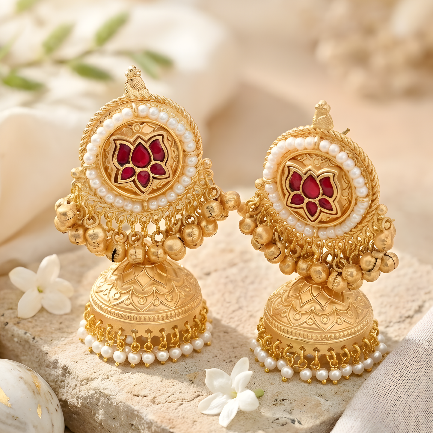 Enamel Lotus Statement Jhumka Earrings
