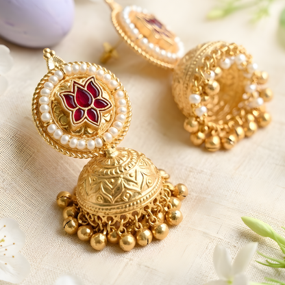 Enamel Lotus Statement Jhumka Earrings