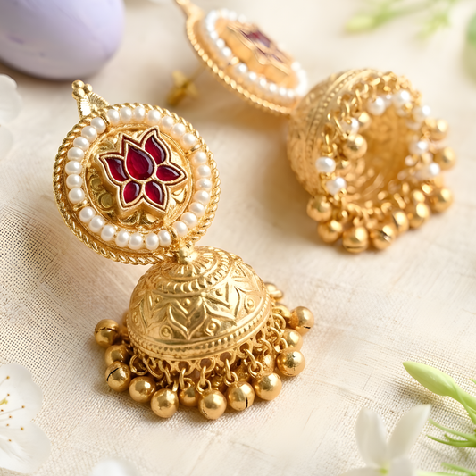 Enamel Lotus Statement Jhumka Earrings