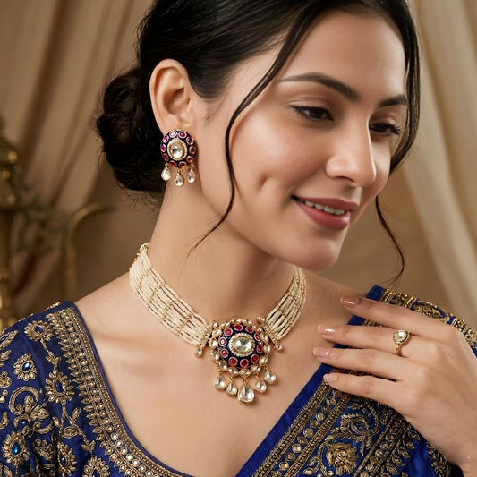 Navy Blue Kundan Pearl Choker Necklace Set