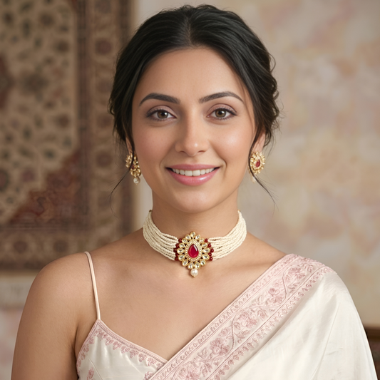 Red Kundan Pearl Choker Necklace With Earrings