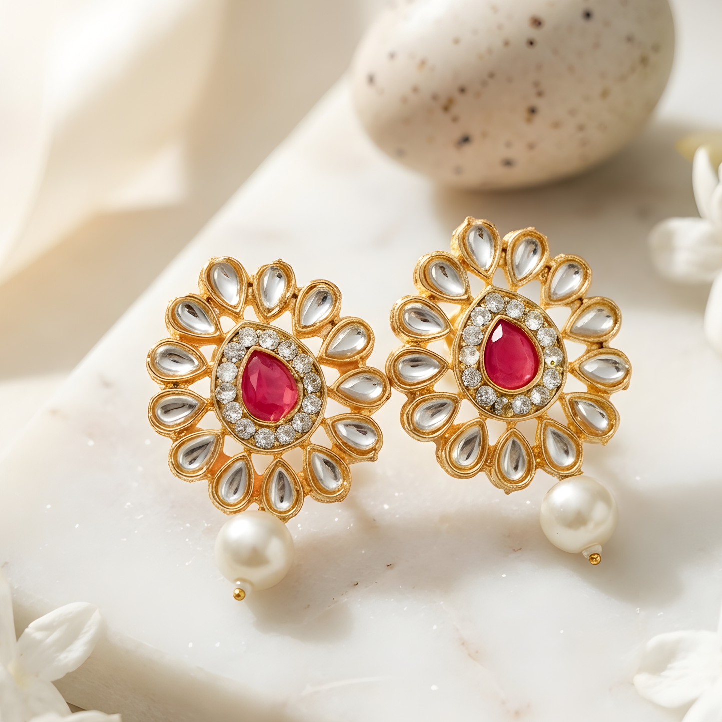 Red Kundan Pearl Choker Necklace With Earrings