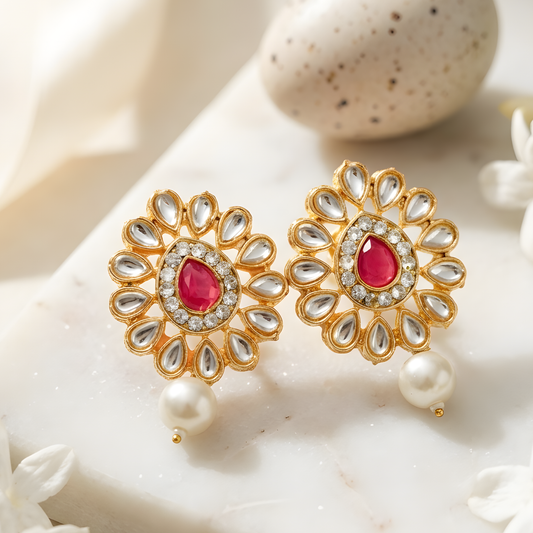 Red Kundan Pearl Choker Necklace With Earrings