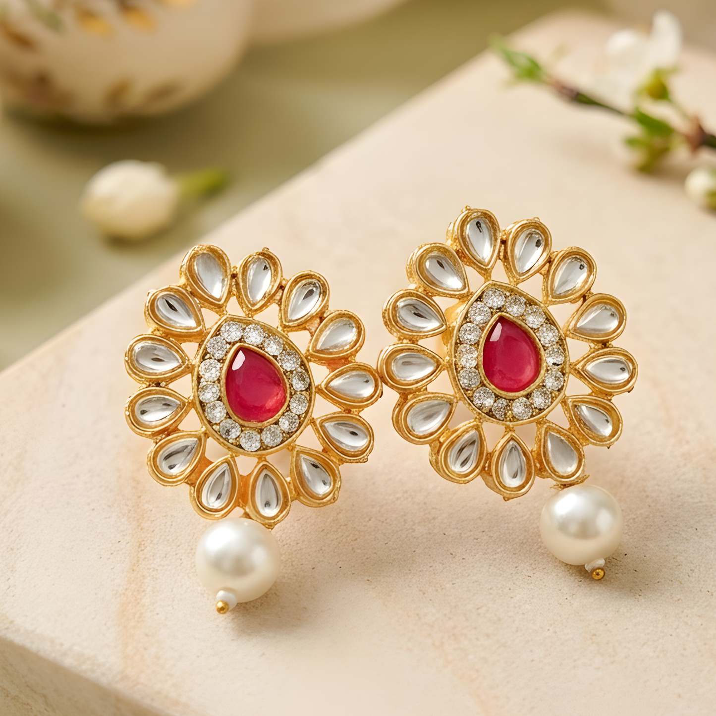 Red Kundan Pearl Choker Necklace With Earrings