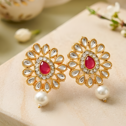 Red Kundan Pearl Choker Necklace With Earrings